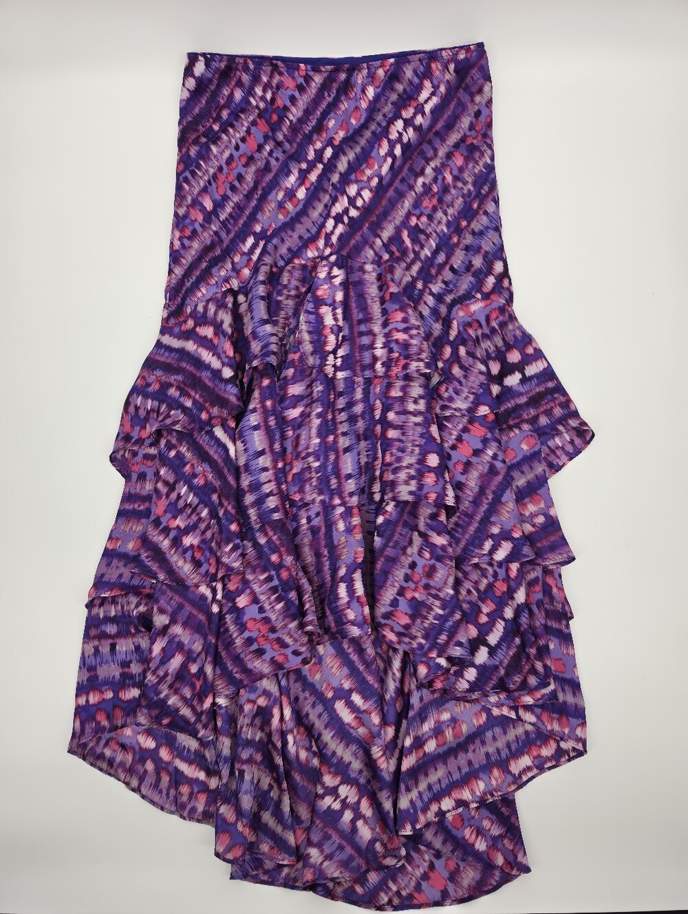 Cache Purple Pink Abstract Print Tiered Ruffle High Low Skirt Womens Fairycore M